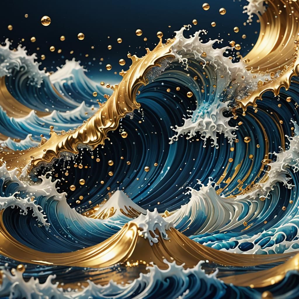 Ornate Golden Wave Inspired by Hokusai, Digital Art
