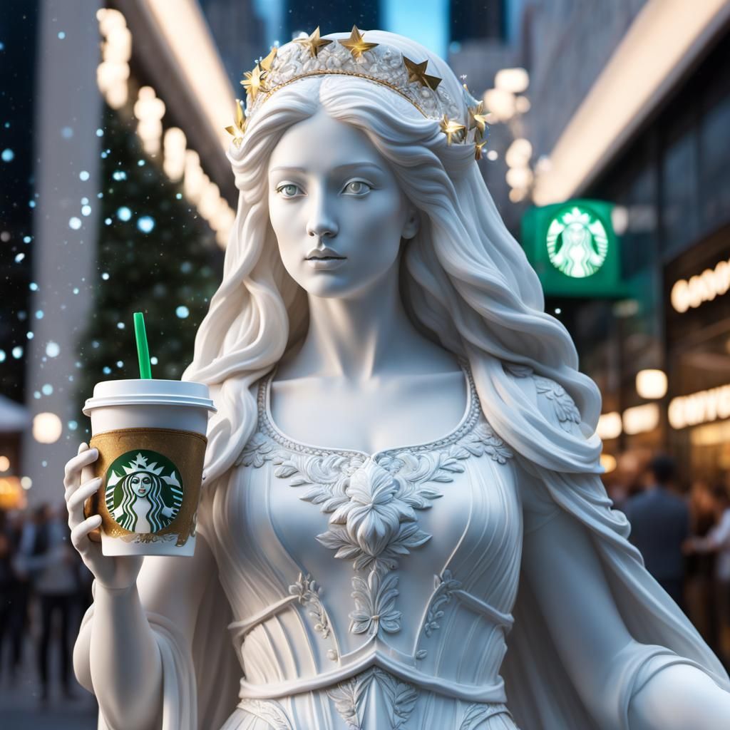 Eris Drinks Starbucks: 3D Marble Statue in Watercolor Style