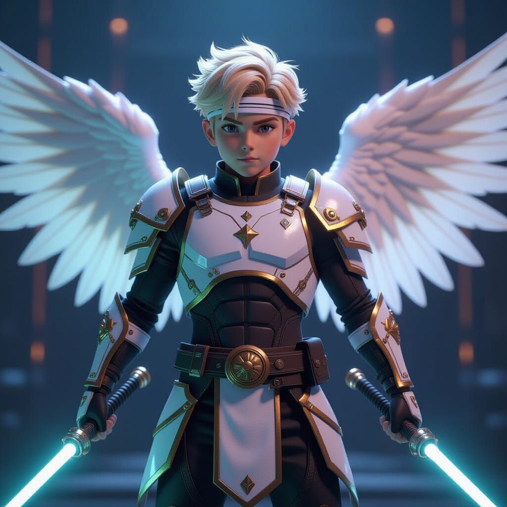 Boy Warrior with Electric Sabers in Cel-Shaded Style