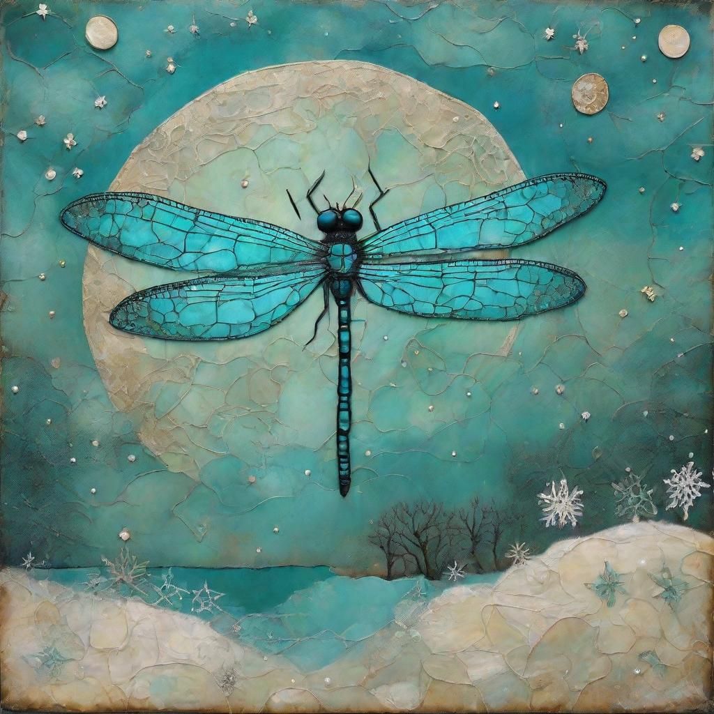 Whimsical Turquoise Dragonfly in Celestial Landscape