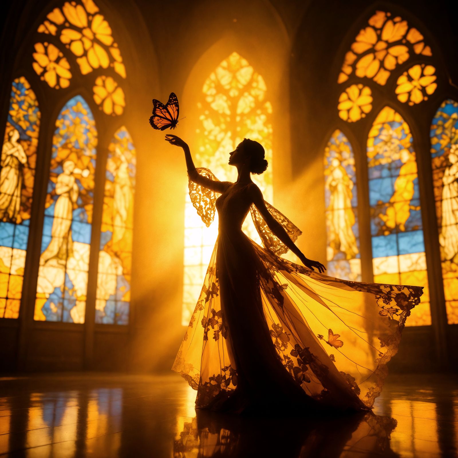Silhouette Reaching for Butterfly in Neo-Gothic Cathedral