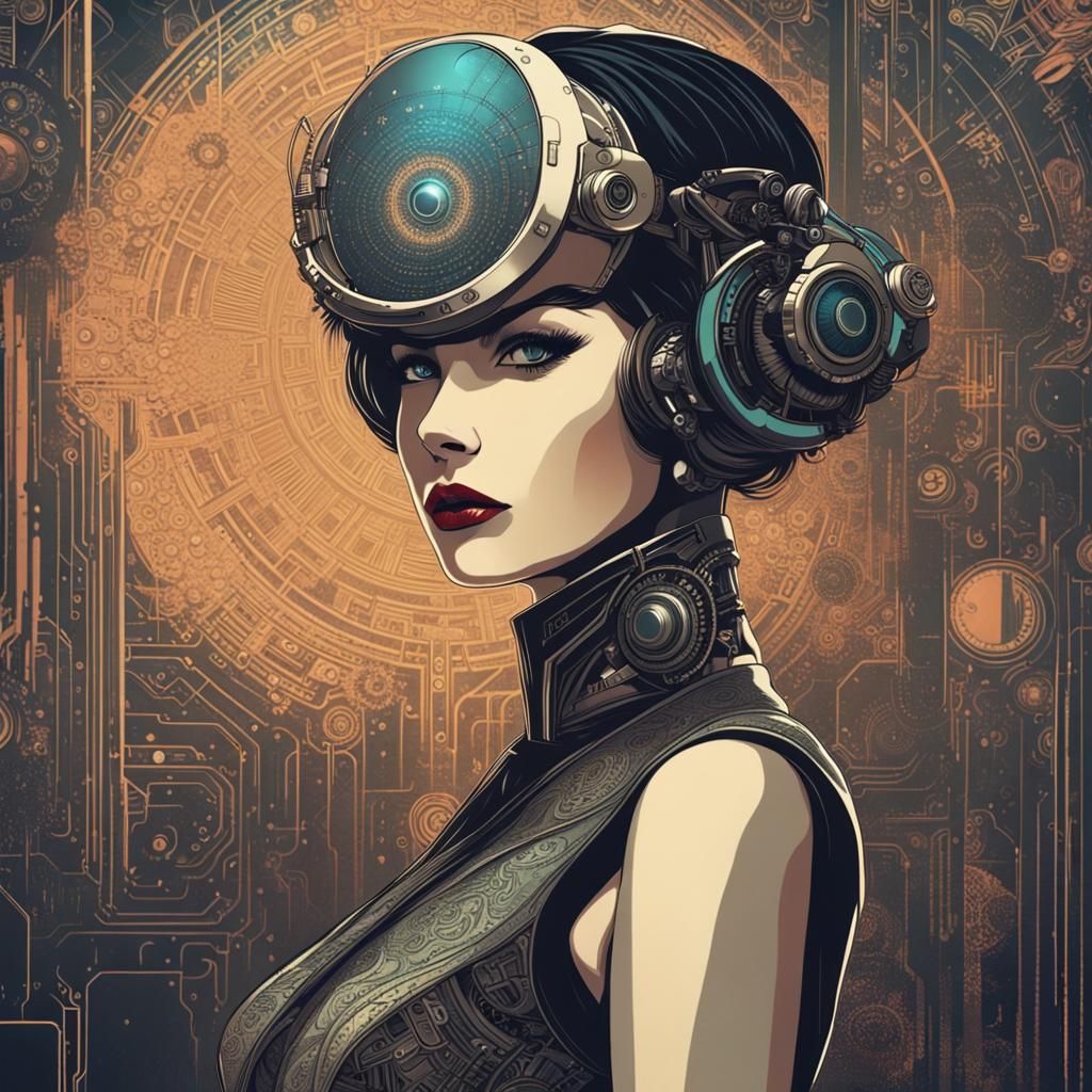 Elegant Lady in Retrofuturistic Cyberpunk Scene