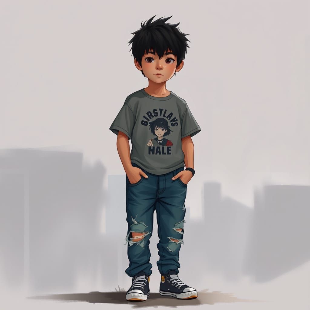 Teenage Chinese Boy in Urban Landscape, in Expressive Realis...