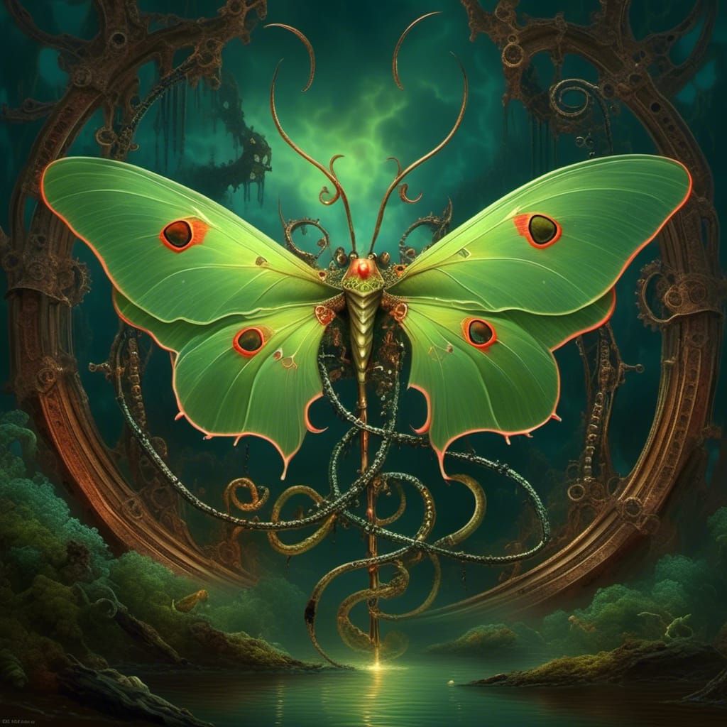 Steampunk Medusa with Luna Moths in Oil