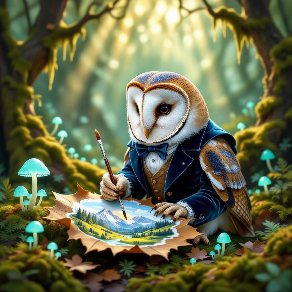 Owl Artist Paints Alpine Scene on Leaf in Forest