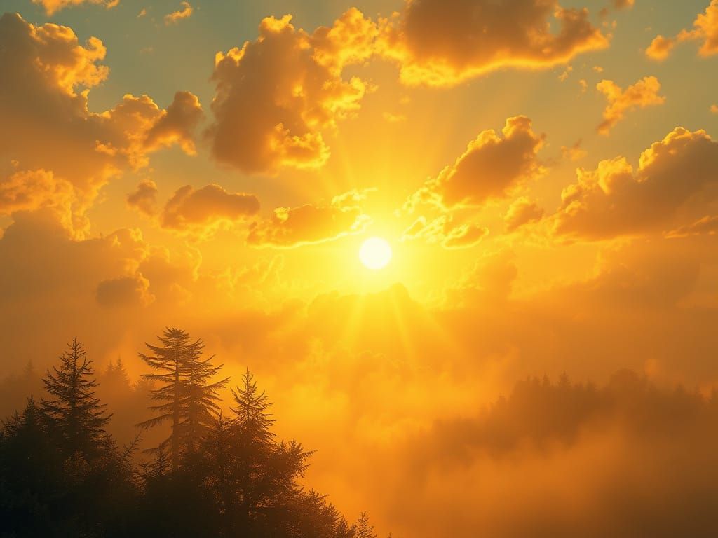 Golden Sunset Rays Through Clouds in Ethereal Mist