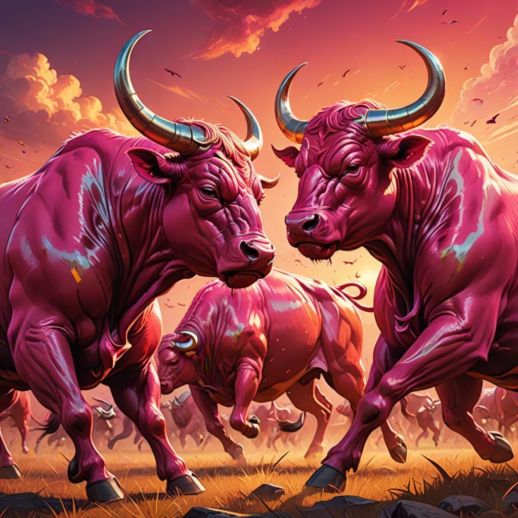 Vibrant Digital Art of Pink Bulls in Sunset Frenzy