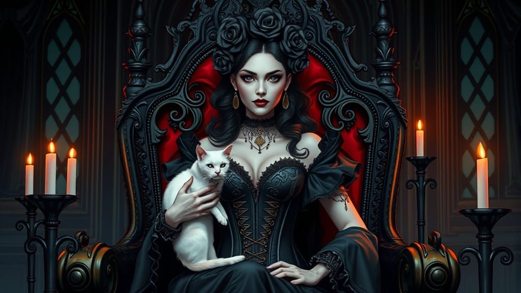 Gothic Queen with White Cat in Comic Book Style