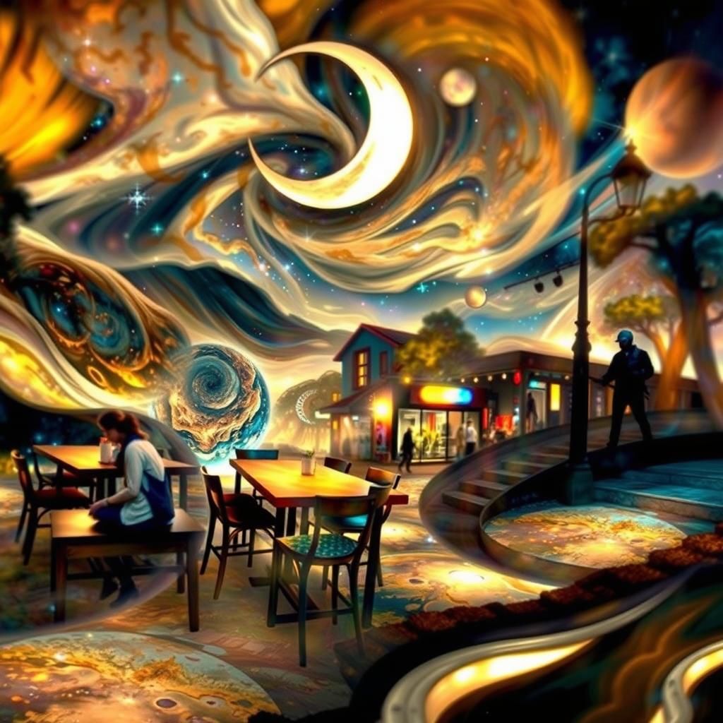 Surreal Night Cafe Filled with Cosmic Dreamscape