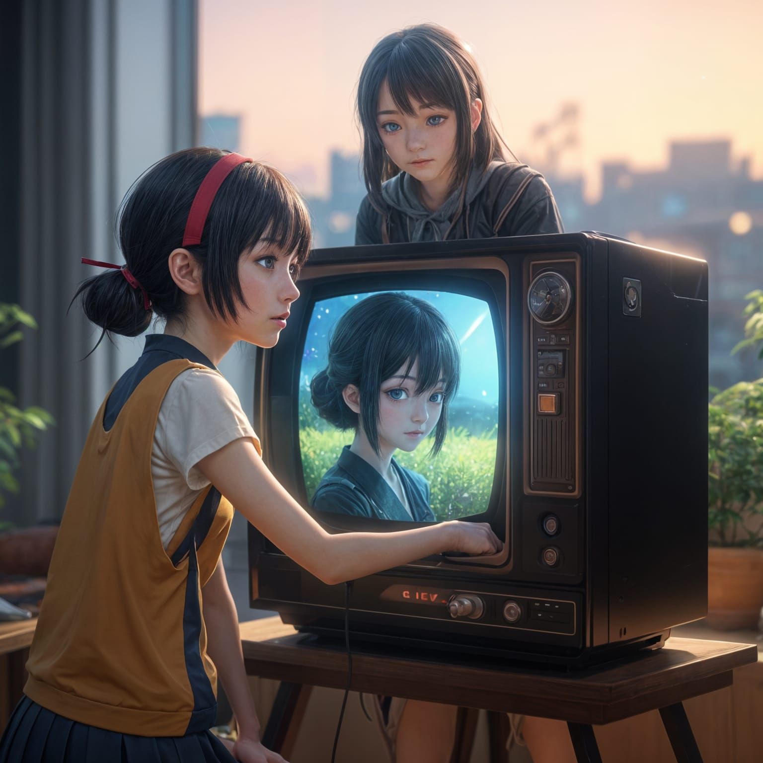 Japanese Anime Girl Embraces Real-Life Boy in Vibrant Digita...