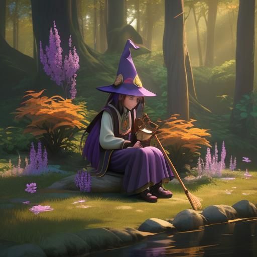 Mystical Forest Cat Witch in 3D Anime Style