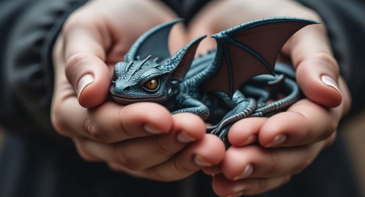 Human Hands Cradling Sleeping Blue Dragon