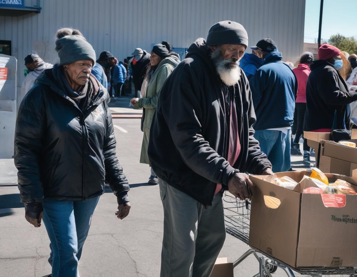 Homeless Couple Waiting in Line at Food Bank