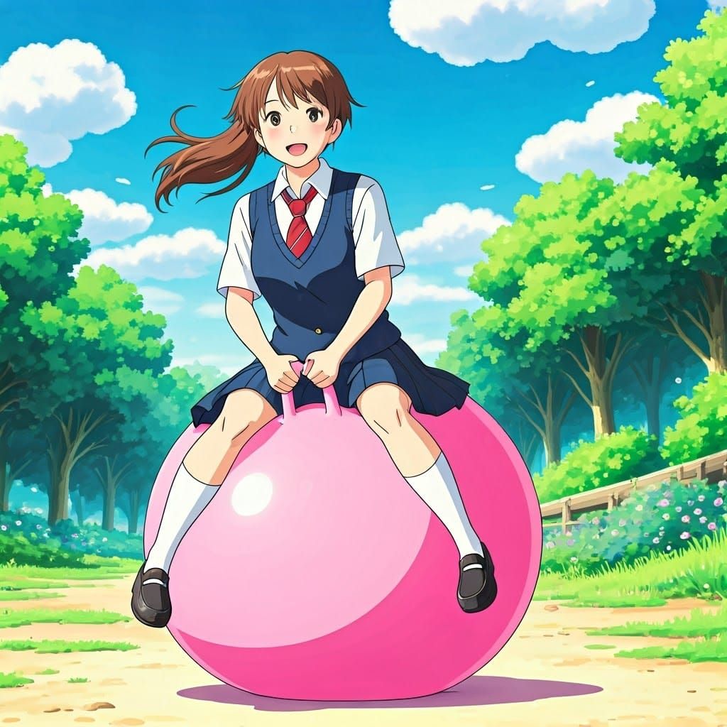 Ghibli-Inspired Schoolgirl on Hopper Ball, Watercolor Style