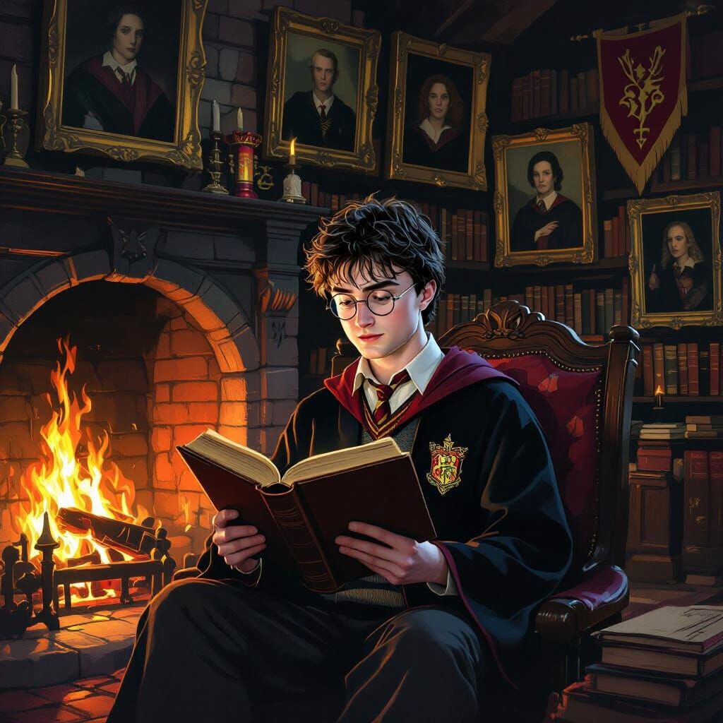 Harry Potter Reads by Gryffindor Fireplace