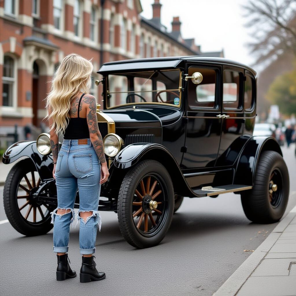 Victorian Car with Giant Front Wheels & Blonde Driver