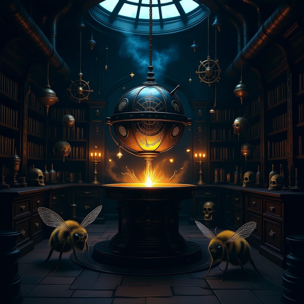 Steampunk Alchemist Chamber with Glowing Orb and Gears