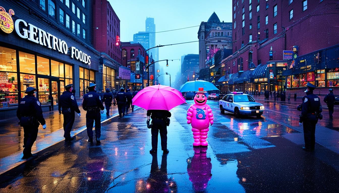 Mr. Blobby Arrested by Clown Police in Cyberpunk City