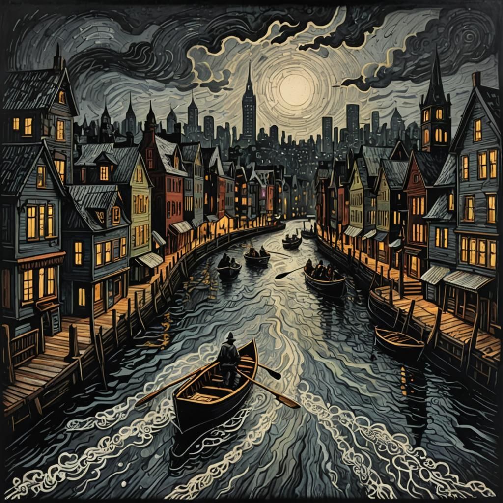 River Scene in Expressionist Woodcut Style