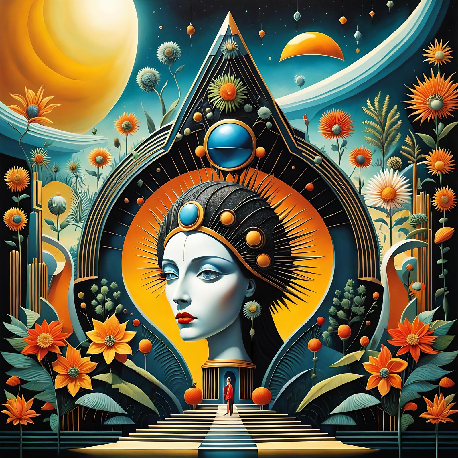 Retro-Futuristic Art Deco Sun and Moon