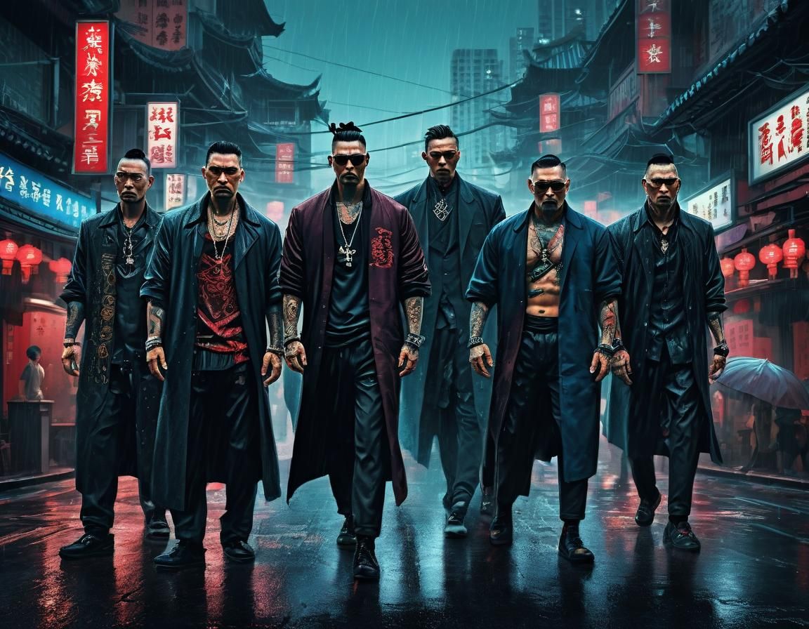 Hong Kong Gangsters on Rainy Chinese Street Illustration