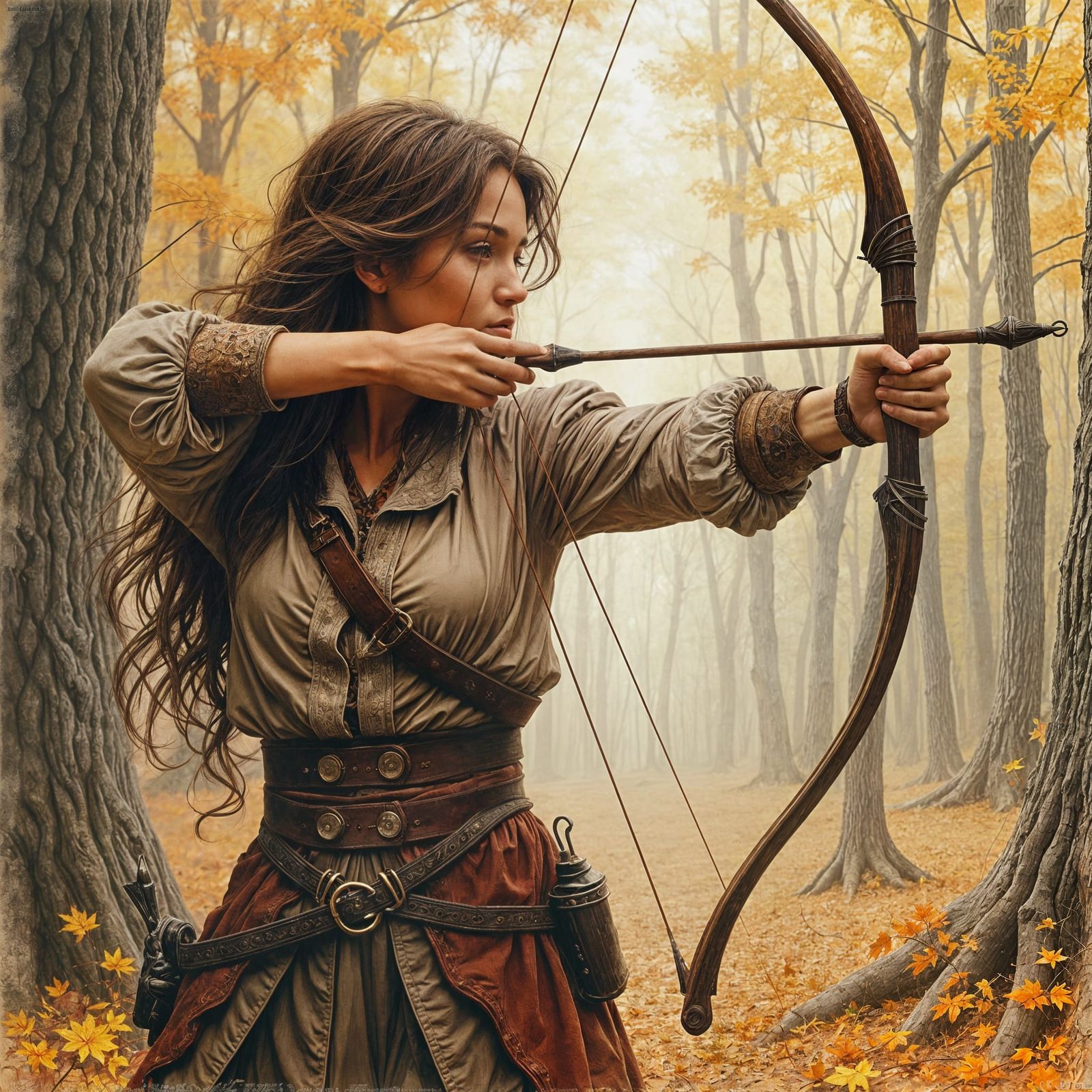 Female Adventurer Aiming Bow in Autumn Forest