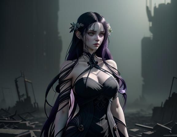 A wet beautiful angry looking, dark pale druidic woman with ...