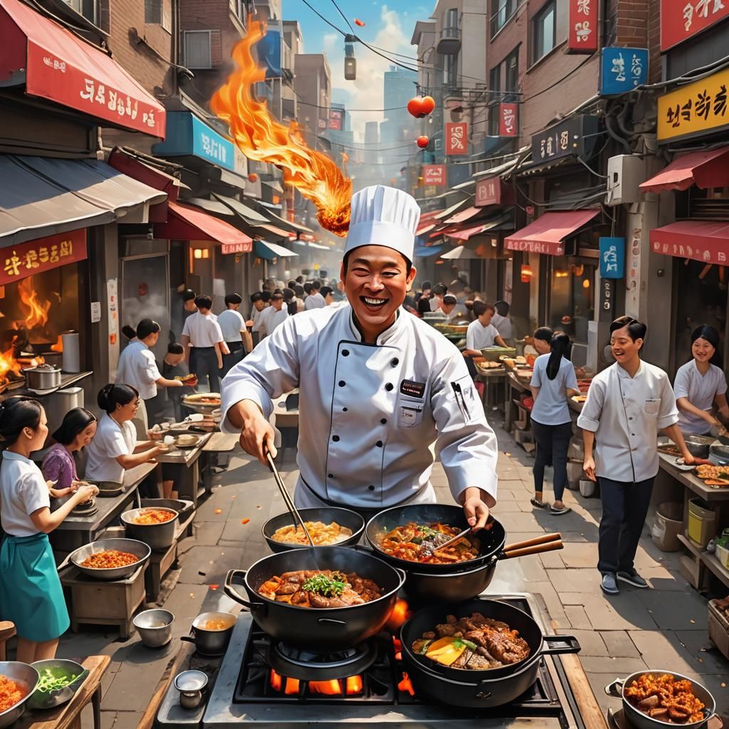 Korean Chef Cooks on Street in Pixar Style