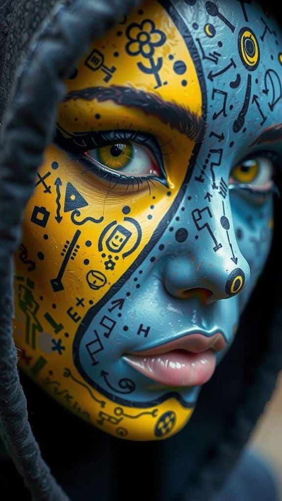 A close-up of a face adorned with intricate black and blue p...