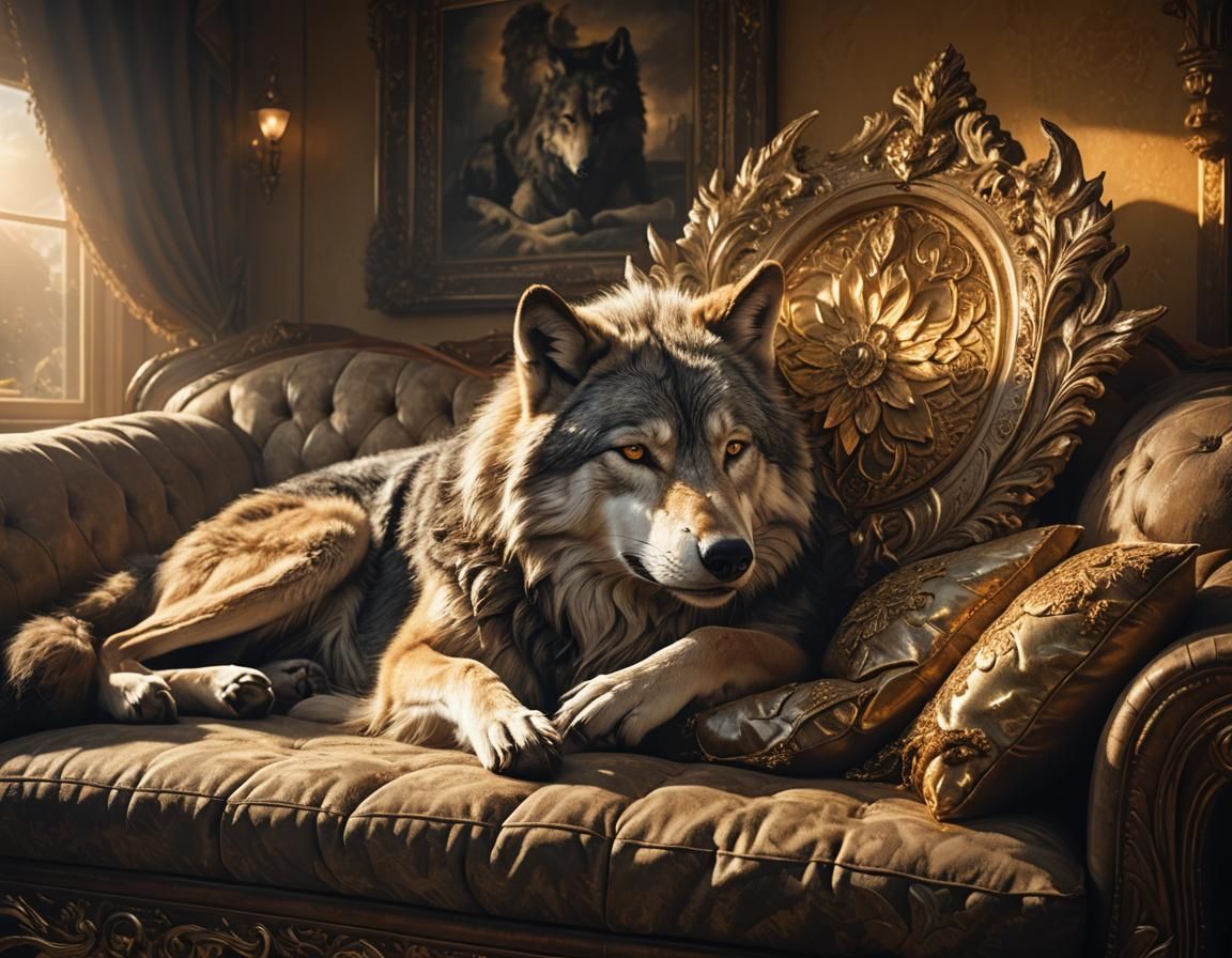 Girl Asleep on Wolf Couch in Golden Light