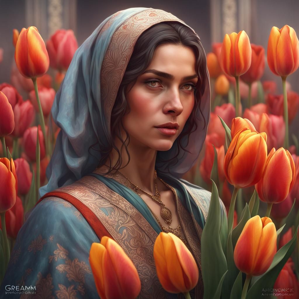 Turkish Woman with Tulips: Art Nouveau Portrait