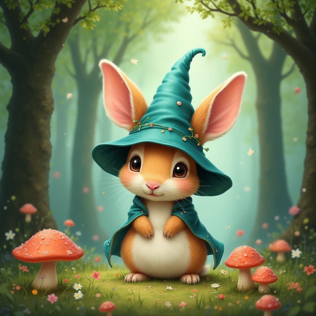 Whimsical Rabbit in Rainbow Hat Stands Before Enchanted Fore...