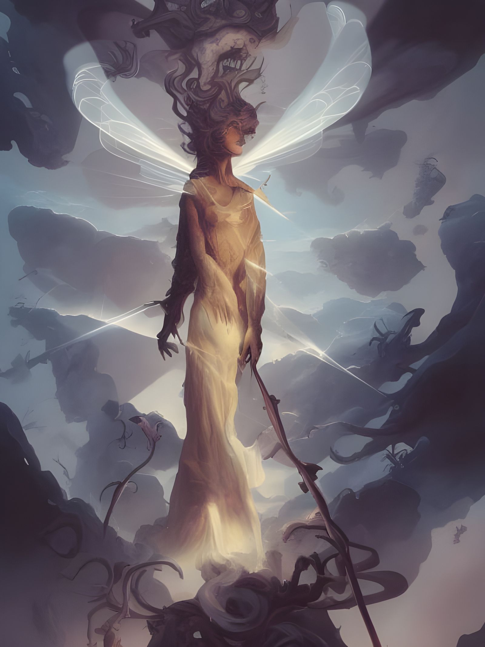 Ghostly Celestial Portrait with God Rays, Surreal Art