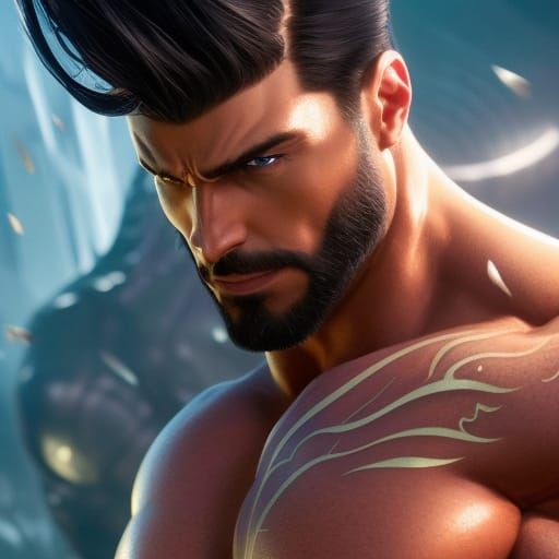 Hyperrealistic Merman with Trident in Deep Sea