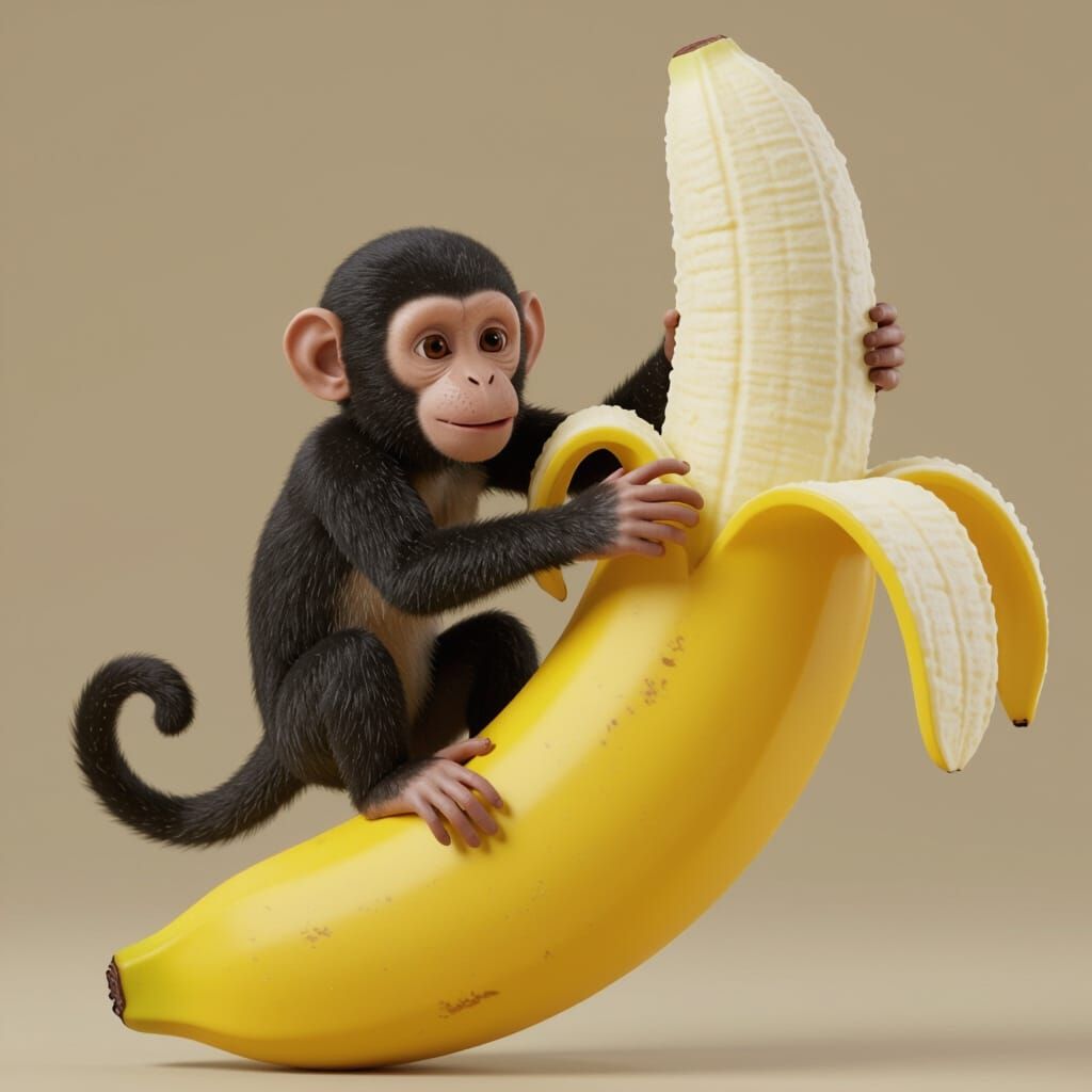 Miniature Monkey Peels Giant Banana in Detailed CGI