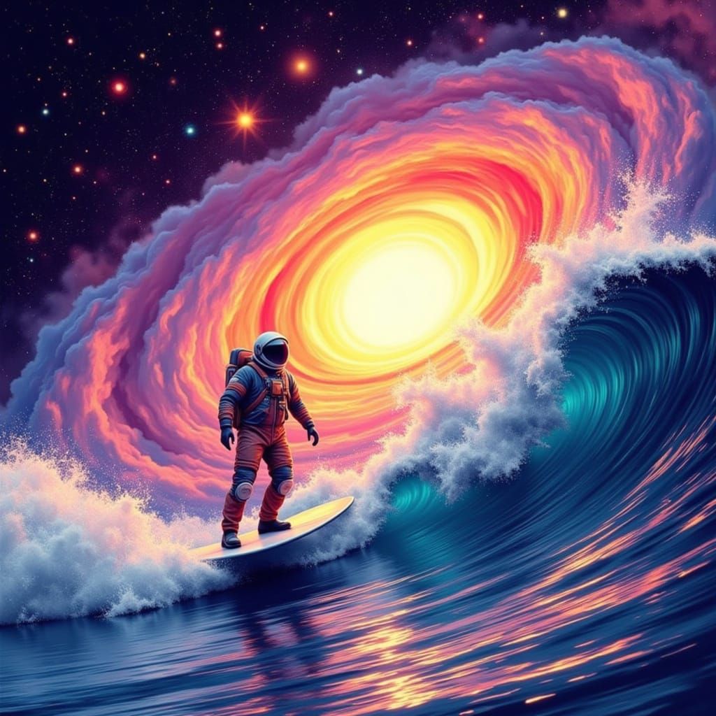 Astronaut Surfing Supernova in Retro 80s 3D Style