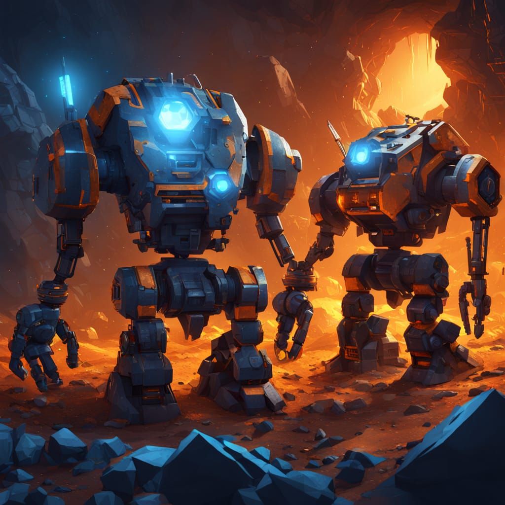 Hostile Mining Bots Attack with Drills in Low-Poly Style