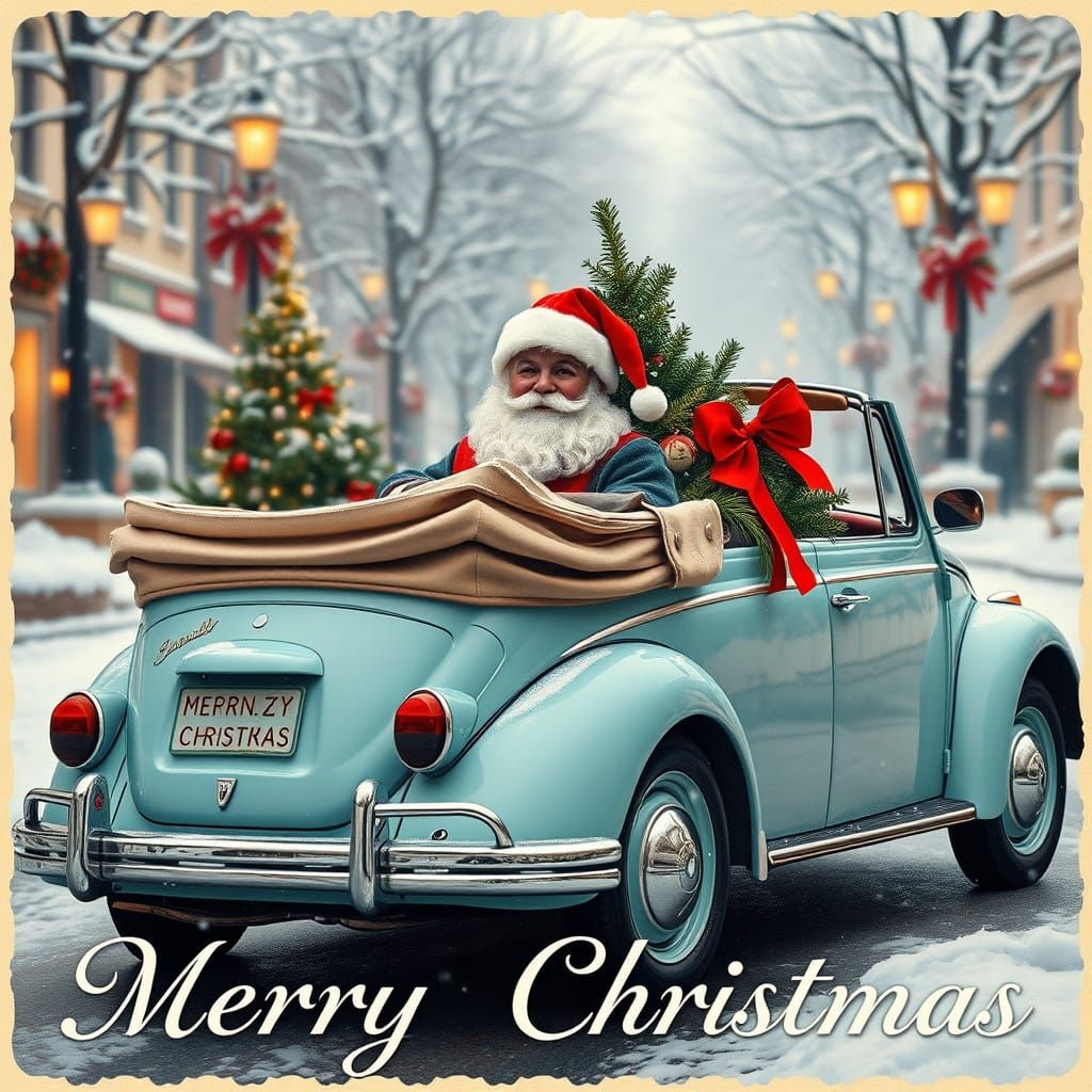 Vintage Santa Claus and Christmas Tree in Pastel Turquoise V...