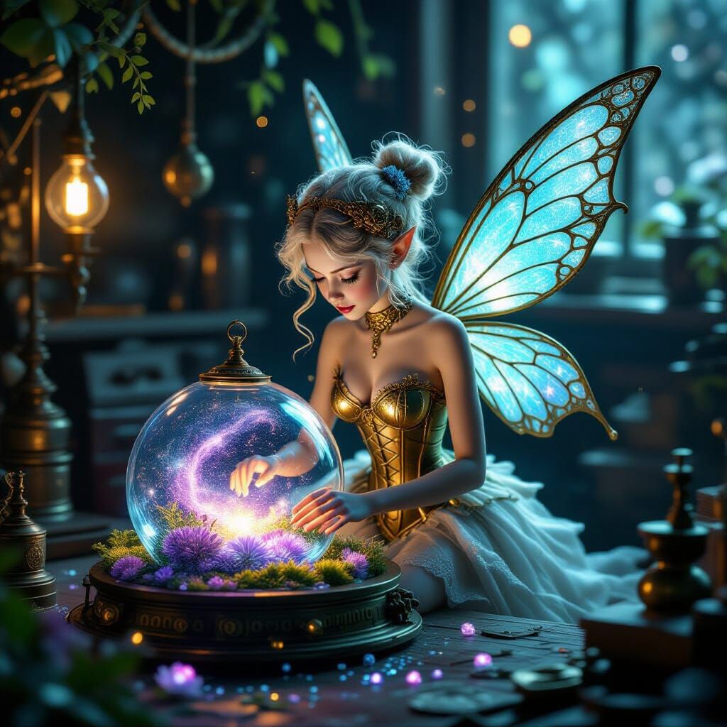 Bioluminescent Fairy Tends Nebula Garden in Steampunk Terrar...