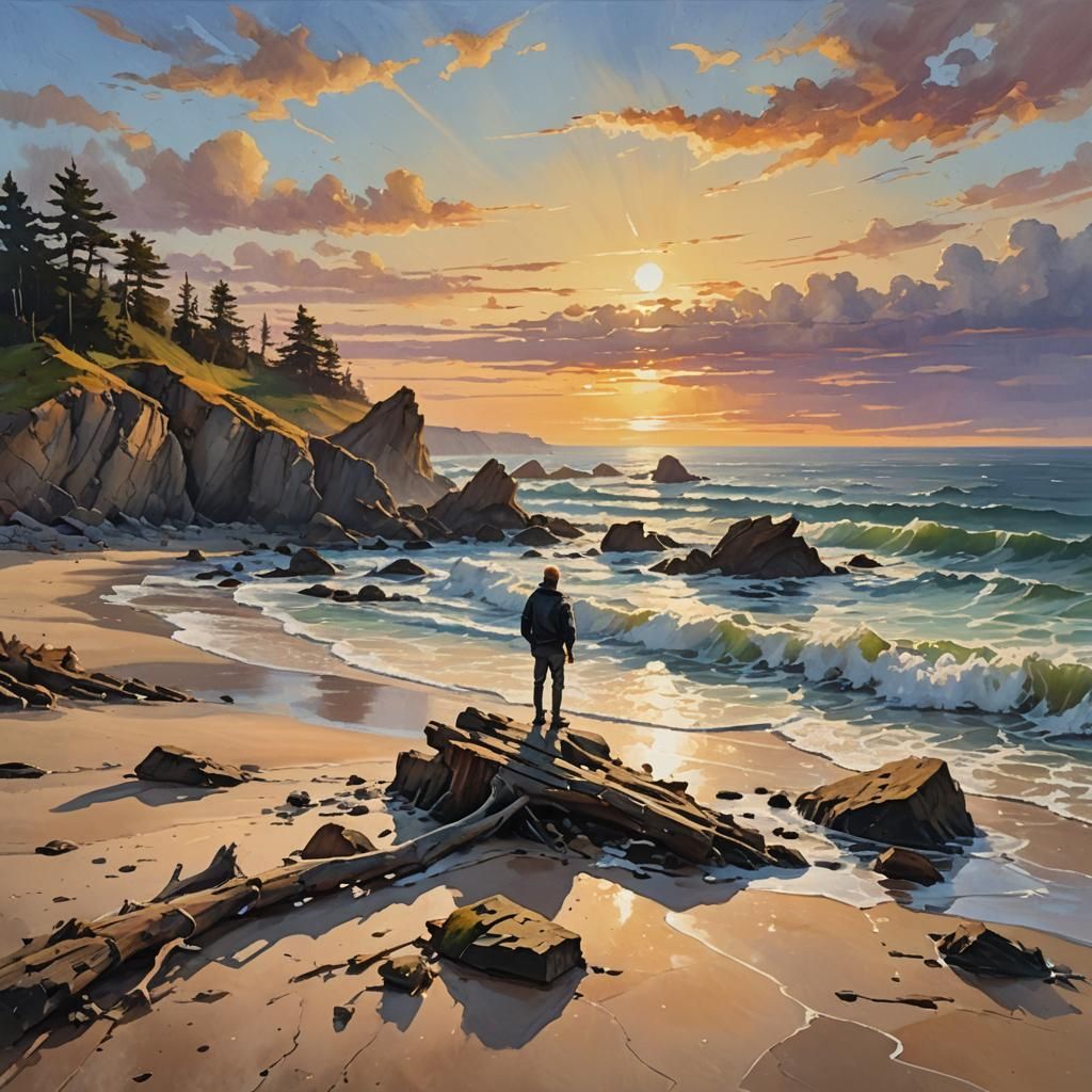 Impressionist Seascape Painting of a Lone Figure