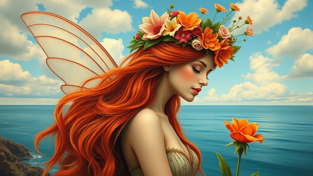 Beautiful Fairy with Flower Crown in Surreal Landscape