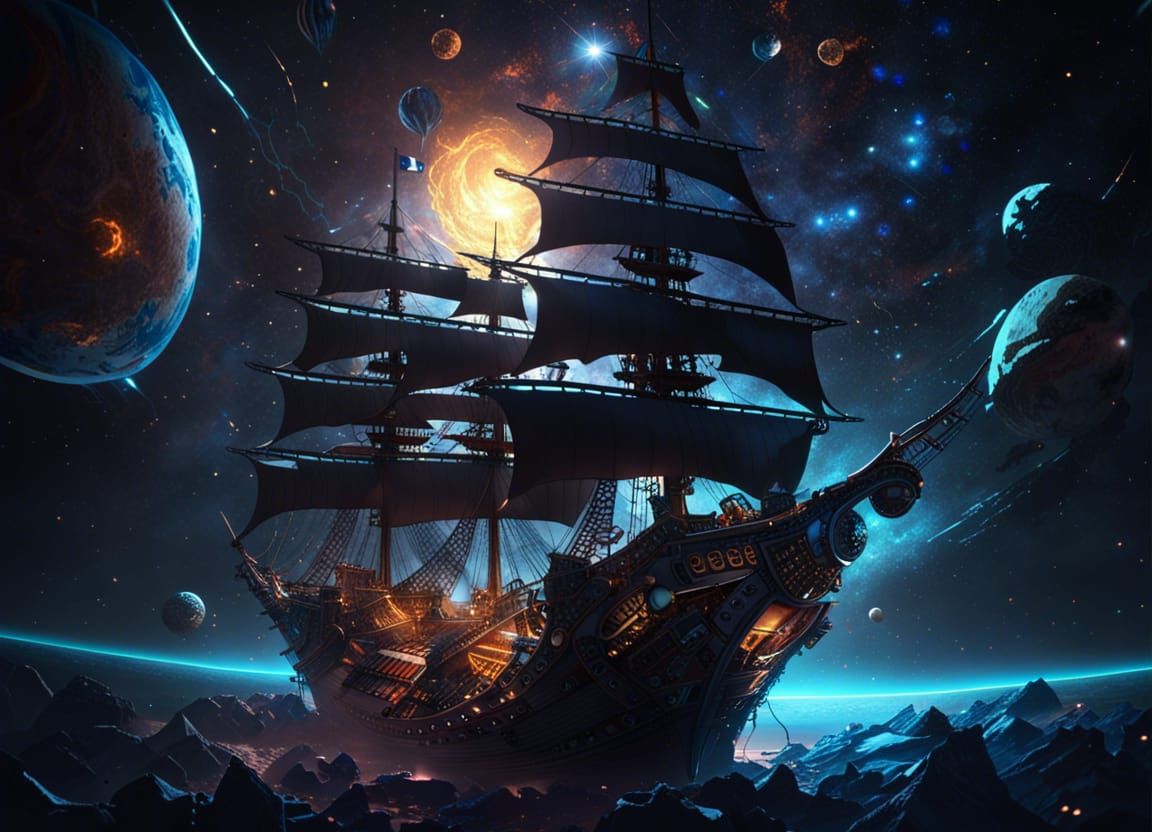 Pirate Ship Soaring Through Space in Dark Fantasy Style