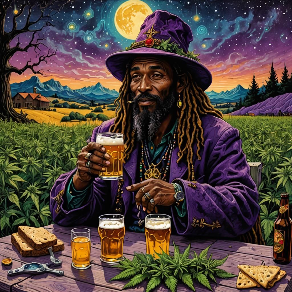 Rastafarian Cannabis Witch Doctor Enjoying a beer