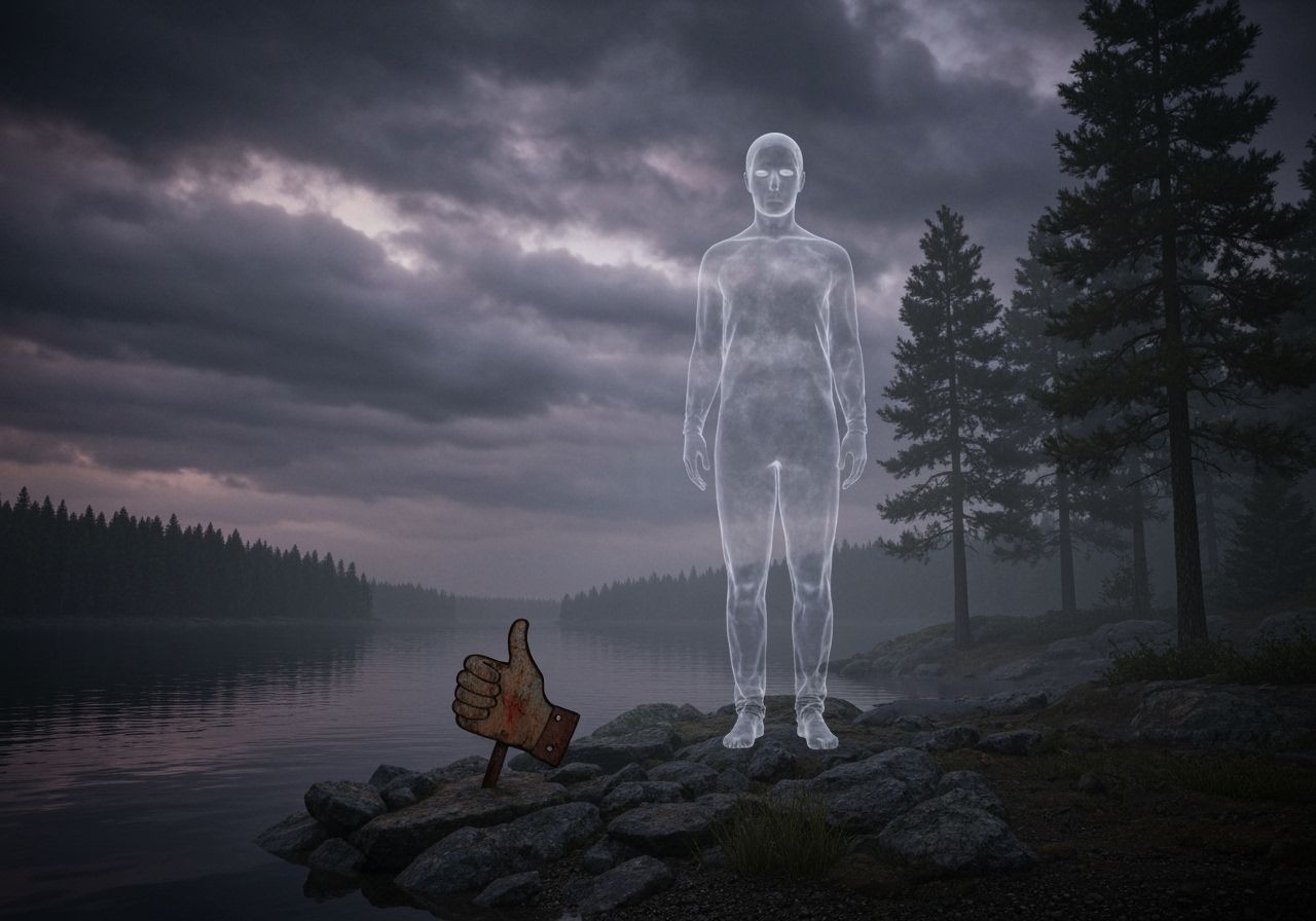 Eerie Translucent Figure on Misty Black Horse Lake Shore