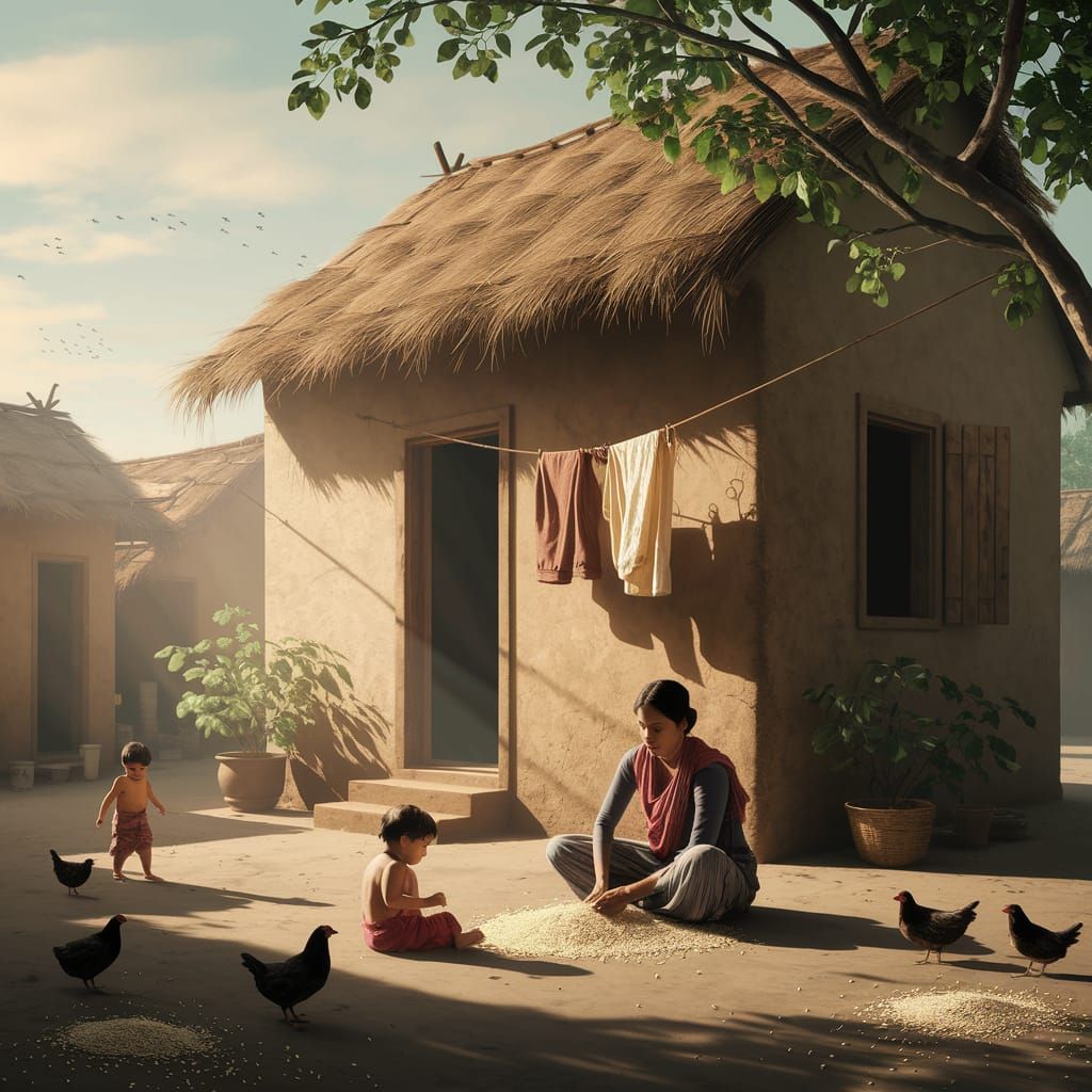 Rustic Indian Village Scene in Soft Golden Light