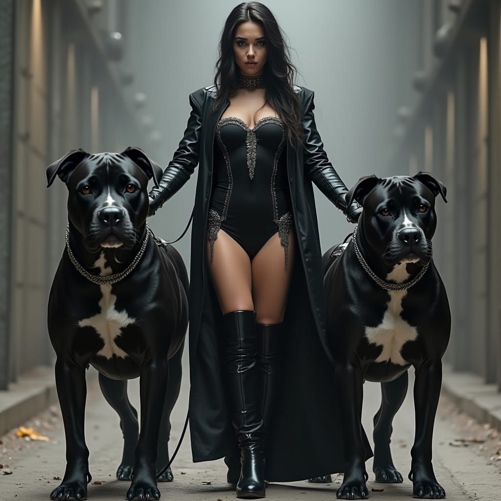 Goddess in Futuristic Noir Attire with Majestic Bull Mastiff...