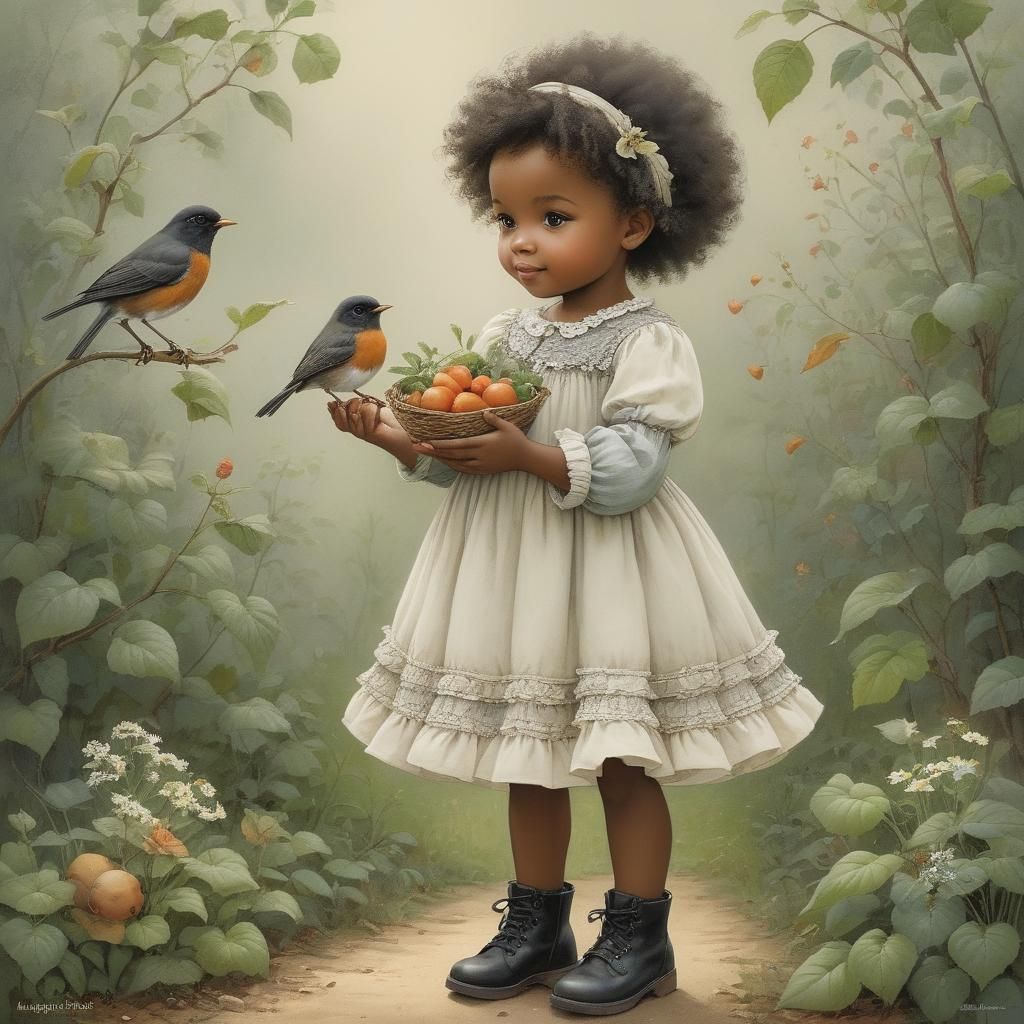 Toddler with Robin, Vintage Illustration