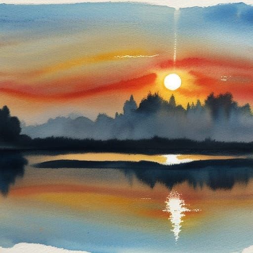 Watercolor Sunrise Over a Serene Lake