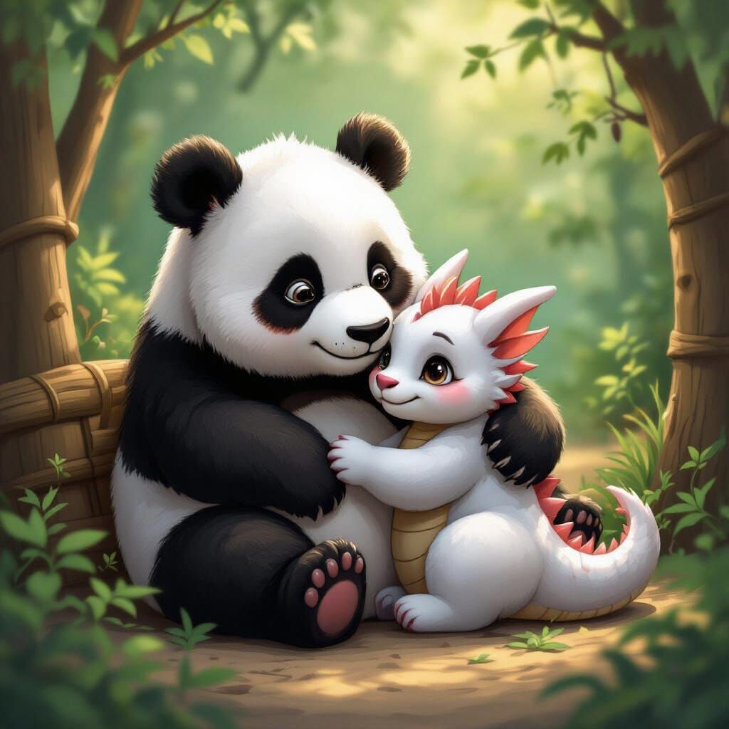 Panda and Dragon Snuggling in a Whimsical Zoo