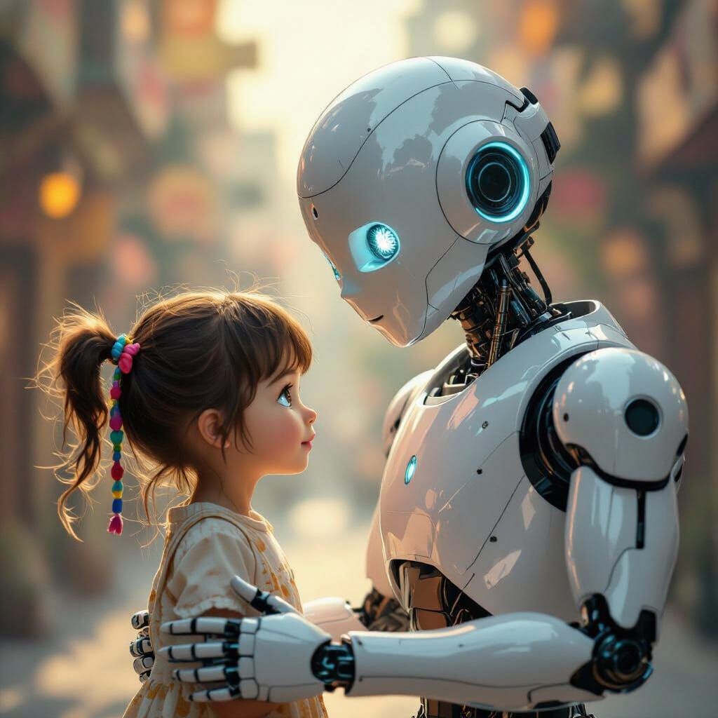 Futuristic Robot Cares for Girl, Digital Art